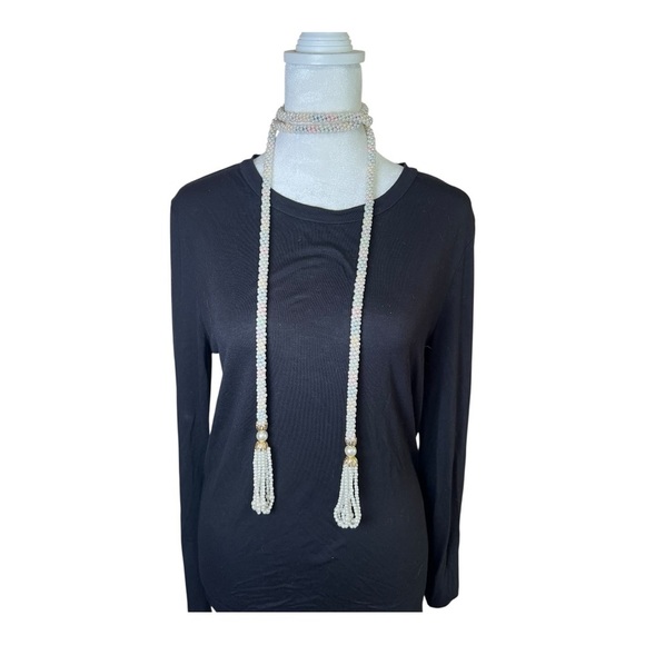 VTG Faux Pearl Beaded White Gold Rainbow Thread Tassel Strand Belt Sash Elegant - Picture 6 of 12